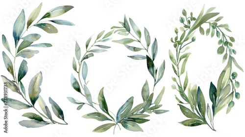 Watercolor set of frames and olive branch wreaths