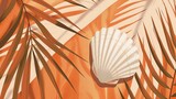 Vector art minimalistic poster of a Seashell framed by palm fronds, closeup, lineart, geometric abstract shapes