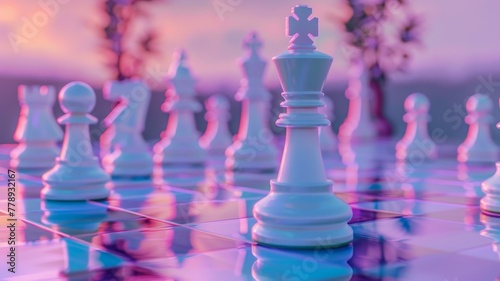 A white chess tombstone atop a sleek board, symbolizing the fusion of technology and strategy. Against a futuristic pastel backdrop