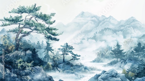 The background of the illustration shows a misty landscape with rocks, fog, pine trees, and traditional Asian nature elements.