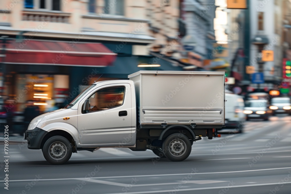 Mockup of a small truck with white van on a city street, side view. AI generative