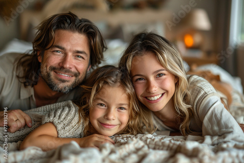 happy family father and daughters lie on a blanket and smile, father’s day © Maria A