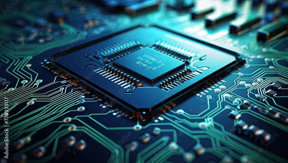 Close-up of electronic microchip on circuit board. 3D rendering Close-up of electronic microchip on circuit board. 3D rendering