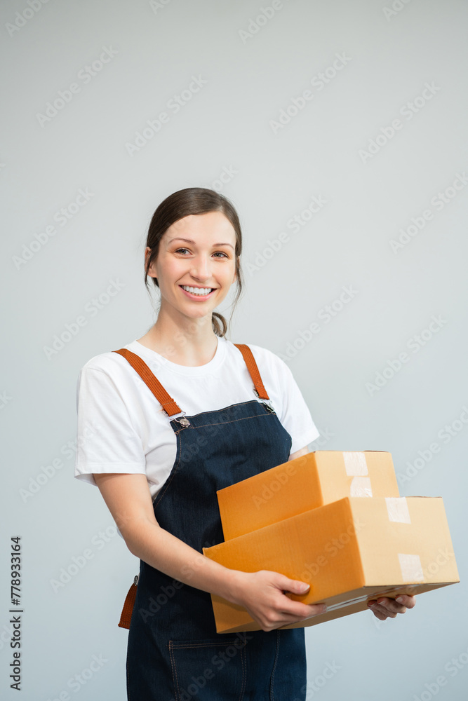 woman holding parcels and looking to camera, women online seller, isolated on white background. woman holding parcels and looking to camera, women online seller, isolated on white background.