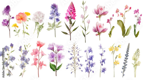 Set of watercolor wildflowers painting isolated on clear png background and transparent background. Fresh and nature concept for nature decorative and flower element, AI generative.  © Adisakdi