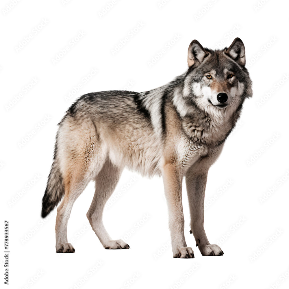 Portrait of a gray wolf standing, isolated on transparent background
