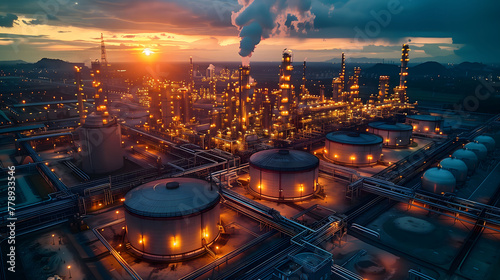 Aerial view of oil refinery at sunset