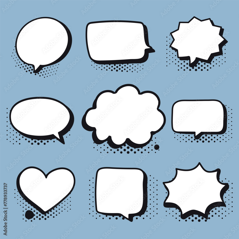 Set of empty comic speech bubbles different shapes with halftone shadows and stars, hand drawn