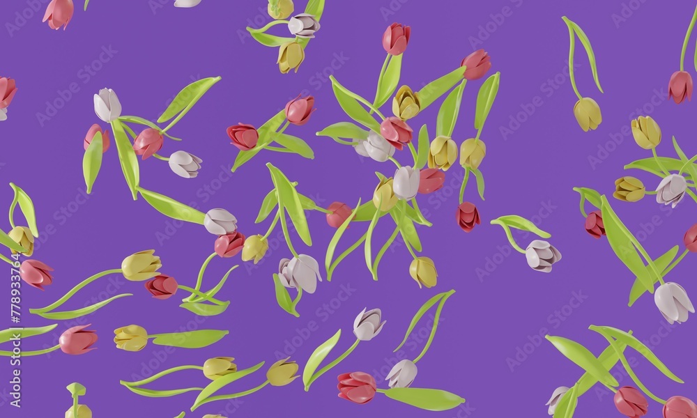 Pink, white and yellow tulip with green leaves falling. 3d rendering