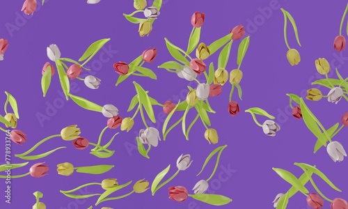 Pink  white and yellow tulip with green leaves falling. 3d rendering