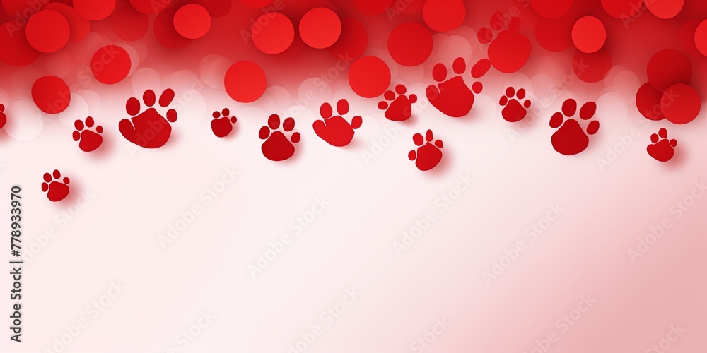 Red paw prints on a background, minimalist backdrop pattern with copy space for design or photo, animal pet cute surface 