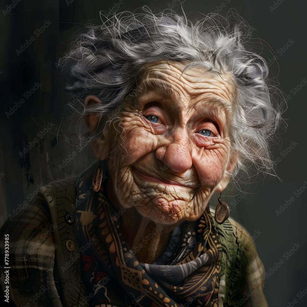 Close up portrait of happy 80-year-old optimist senior woman, with smiling wrinkled face. Positive and cheerful at any age.
