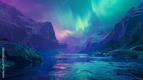 In this 3D rendering, we see the northern lights above the fjords and a terrain landscape with water and rocky mountains under a colorful sky. A fantasy wallpaper with a seascape can be seen at the