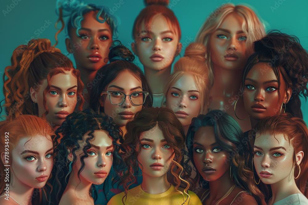 illustration of Girl Power. Multi-ethnic group of beautiful women, 3D render, 3DCG, super detailed illustration of Girl Power. Multi-ethnic group of beautiful women, 3D render, 3DCG, super detailed