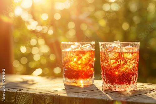 Outdoor summer Negroni Sbagliato cocktail party, glasses clinking in a sunlit garden setting, capturing the lively and social essence of this trendy drink © World of AI