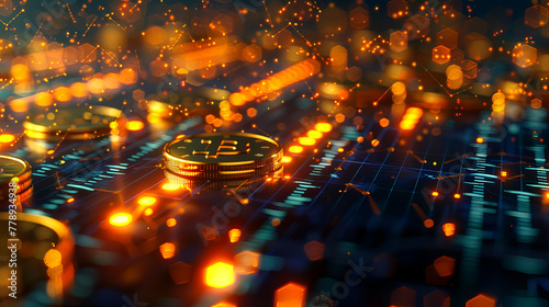 Golden bitcoins on circuit board and abstract bokeh lights perfect for modern finance and technology.