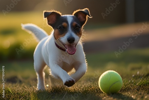 Beautiful photograph of a happy Jack Russell sprinting with a firm hold on a tennis ball. HD clarity captures the joyful dog delight forever. adorable jack russell dog that runs while carrying a tenni