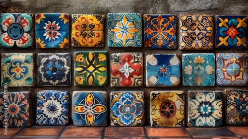   A group of bright tiles rests atop a tiled surface adjacent to a stone-colored background wall © Olga