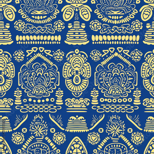 hand drawn trible ethnic,blue background,symmetry, graphic, seamless pattern, japonisme, harajuku outfit, khokhloma