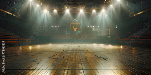 An empty basketball court is illuminated by spotlights, creating dramatic lighting effects. The scene depicts an empty basketball arena or stadium with spotlights, polished wood, and fan seats. © jex