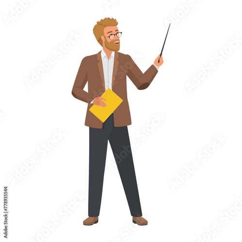 Teacher pointing with pointer, university professor explaining at lecture vector illustration