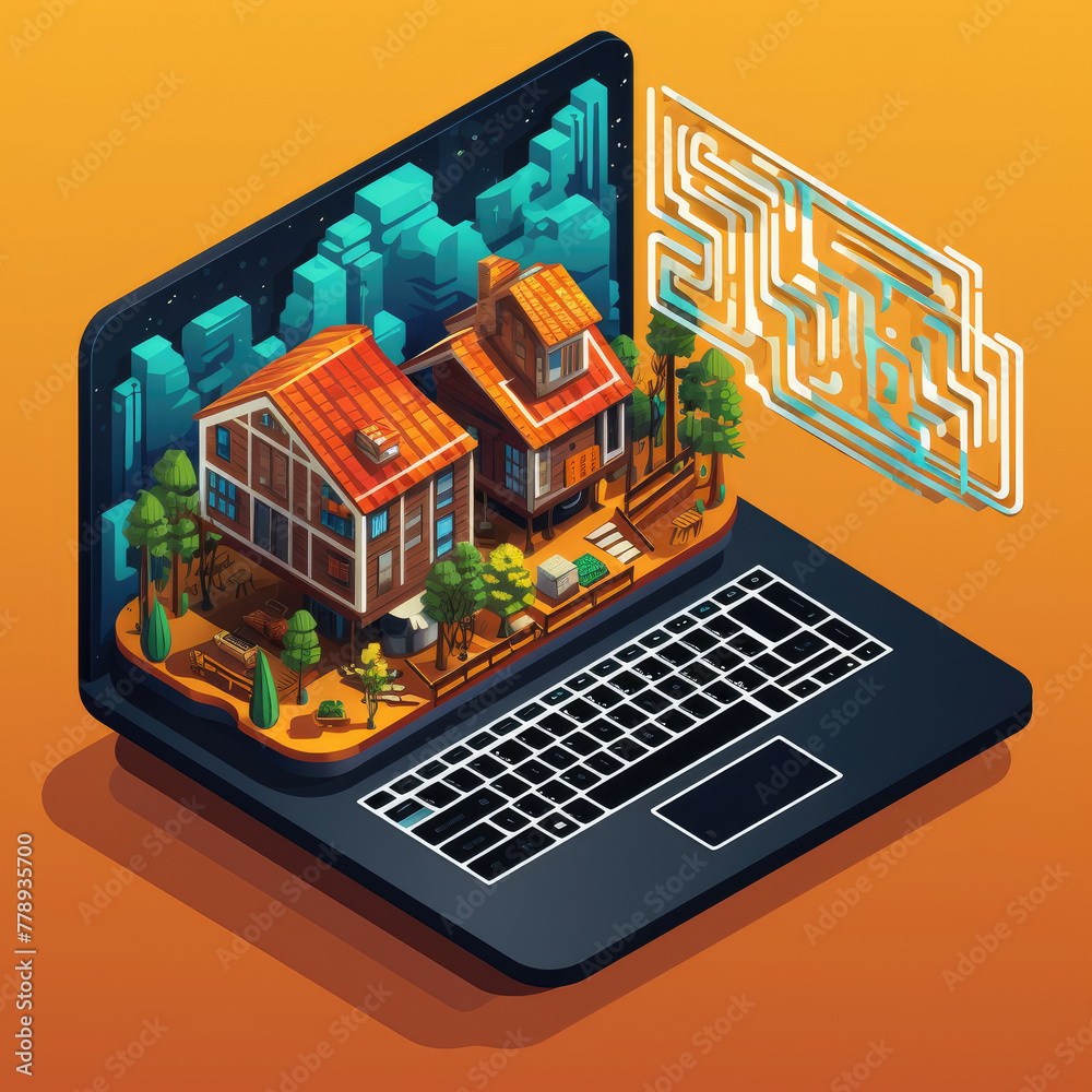 laptop isometric,intricate detailed,vector graphic, isometric 3D render miniature