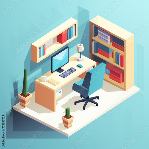 minimal workplace isometric,white environment,desk,chair,sofa, isometric 3D render miniature