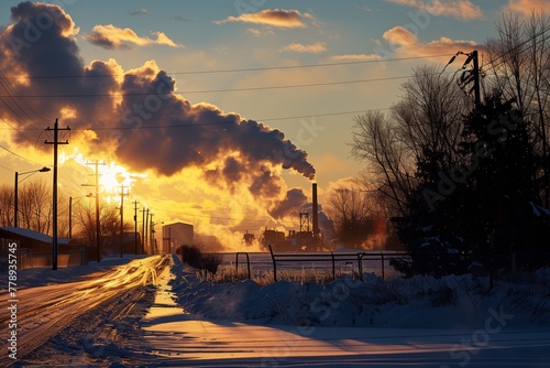 Winter Sunset Over Industrial Town with Smokestacks