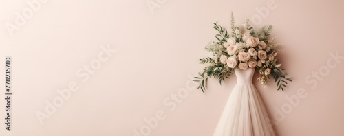 Wedding dress and bridal bouquet banner on neutral pink background, wedding invitation design with copy space blank for text