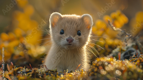  A clear photo of a tiny creature amidst green blades and golden blooms in the backdrop, with a fuzzy image of the animal in sharp focus in the front