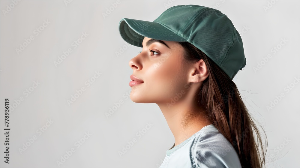 Young Woman in Casual Attire Sporting a Green Cap, Profile View with Confident Gaze. Perfect for Lifestyle Branding. AI Young Woman in Casual Attire Sporting a Green Cap, Profile View with Confident Gaze. Perfect for Lifestyle Branding. AI