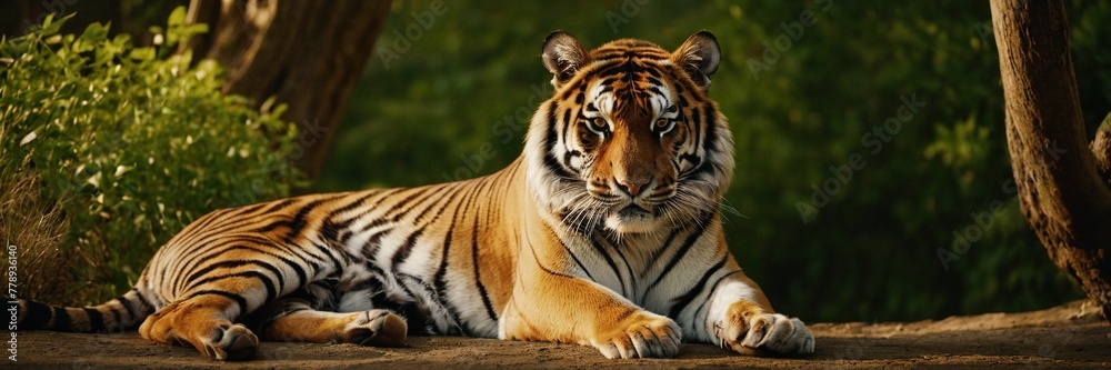 Close-up of a Sumatran tiger in a jungle.with Generative AI technology Close-up of a Sumatran tiger in a jungle.with Generative AI technology