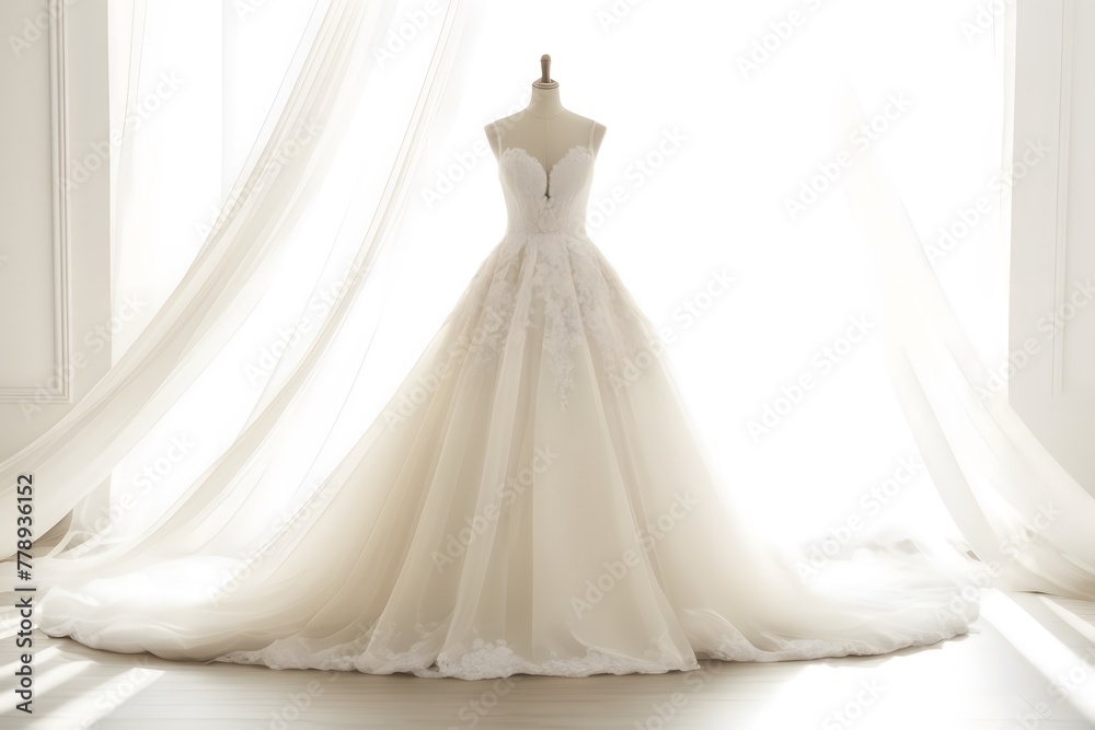 Wedding day, full bride dress on neutral white with sun ray background Wedding day, full bride dress on neutral white with sun ray background