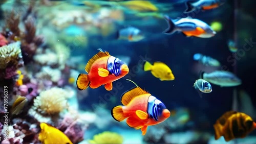 Colorful tropical fish swimming in ocean waters with coral reefs. Marine life in vibrant underwater ecosystem. Aquarium with diverse fish species. Concept of aquatic wildlife, exotic pet fish. Motion photo
