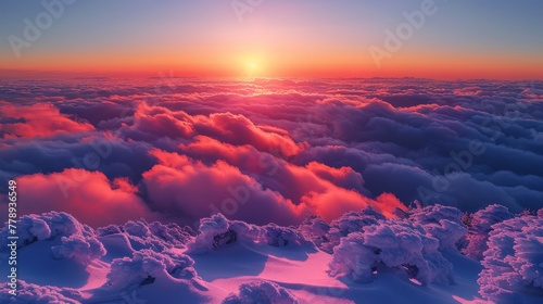   The sun is setting behind the clouds in the sky above the snow-covered trees, and the ground is also covered in snow