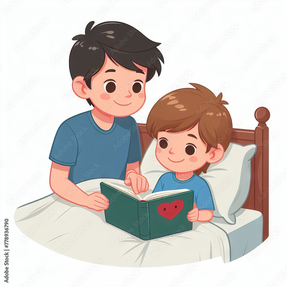 The older brother reads a book to the younger brother in bed. Card for book day, book lover Brothers Day Flat style Children's illustration
The older brother reads a book to the younger brother in bed. Card for book day, book lover Brothers Day Flat style Children's illustration