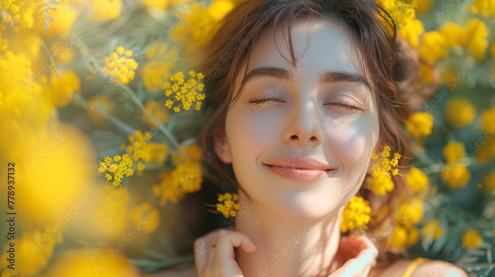 A woman stands in a field of yellow flowers with her eyes closed A woman stands in a field of yellow flowers with her eyes closed