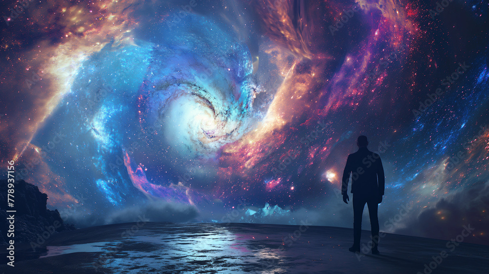 Fototapeta premium man looking hesitantly looking back into the abyss. The gate of initiation of space fabric.