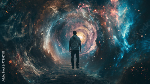 man looking hesitantly looking back into the abyss. The gate of initiation of space fabric. photo