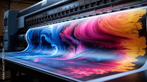 Large format printer producing vibrant, high-quality abstract prints in an industrial setting.