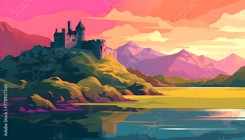 Scottish landscape with mountains and old castle by the lake. Illustration with beautiful landscape.