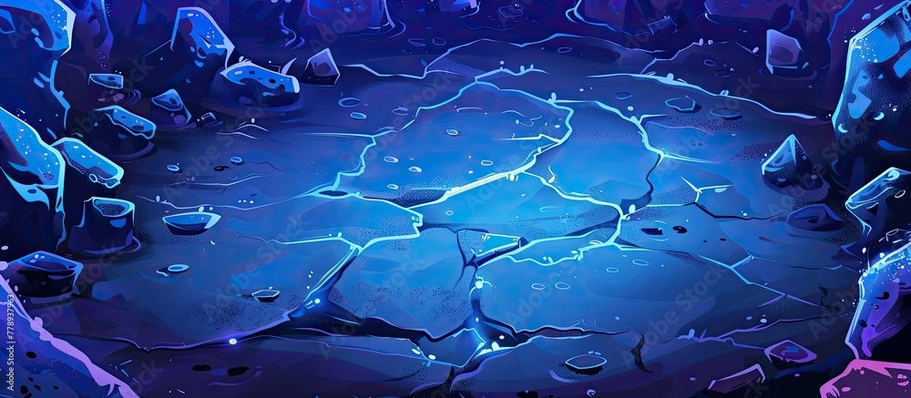 Fototapeta premium A serene scene of a frozen lake encircled by icy boulders and frost-covered rocks