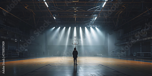 A basketball player in an empty basketball court is illuminated by spotlights, creating dramatic lighting effects. An empty basketball arena or stadium with spotlights, polished wood, and fan seats. photo