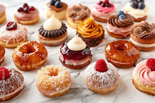 Assorted cronuts filled with luxurious creams and jams, displayed elegantly on a marble countertop, highlighting the variety and indulgence of gourmet treats