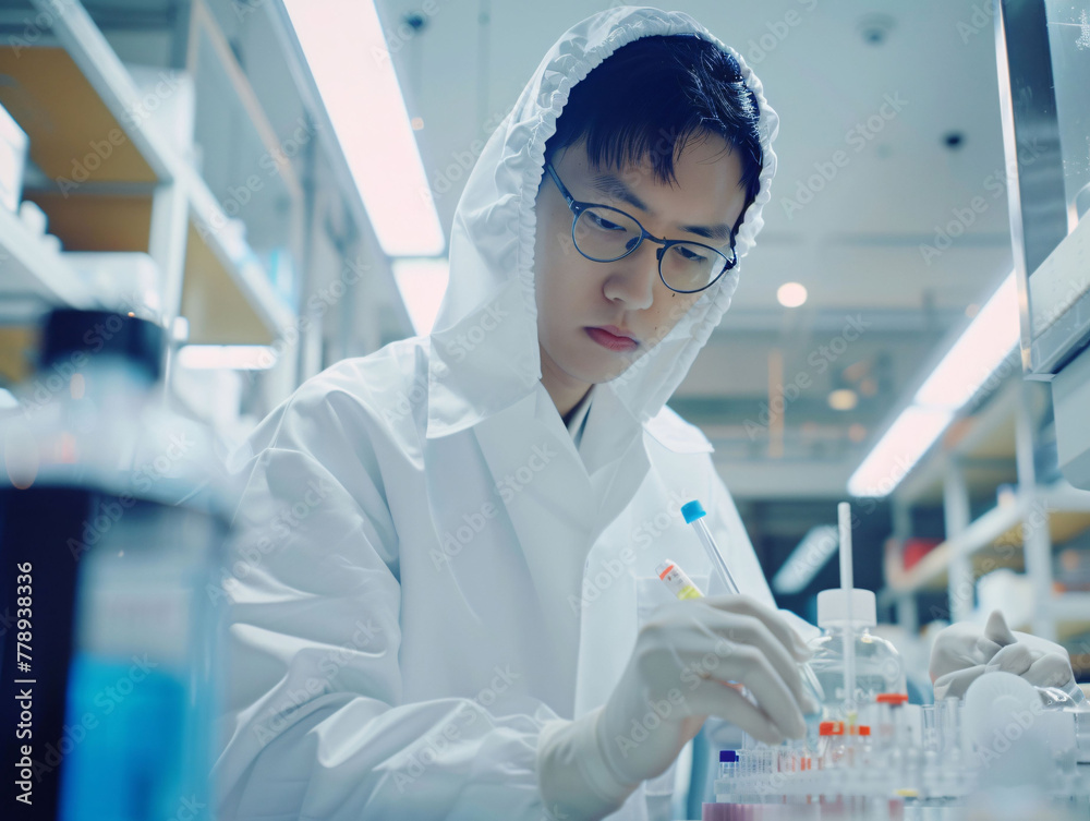 Fototapeta premium Scientist operating centrifuge in lab