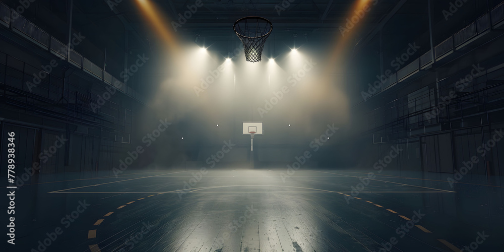 An empty basketball court is illuminated by spotlights, creating dramatic lighting effects. The scene depicts an empty basketball arena or stadium with spotlights, polished wood, and fan seats. - obrazy, fototapety, plakaty 
