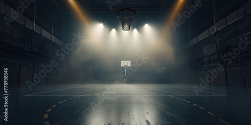 An empty basketball court is illuminated by spotlights, creating dramatic lighting effects. The scene depicts an empty basketball arena or stadium with spotlights, polished wood, and fan seats. photo