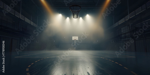 An empty basketball court is illuminated by spotlights, creating dramatic lighting effects. The scene depicts an empty basketball arena or stadium with spotlights, polished wood, and fan seats. © jex