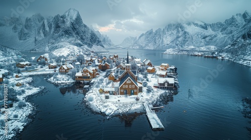   Aerial view of a snowy village surrounded by water & mountains © Olga