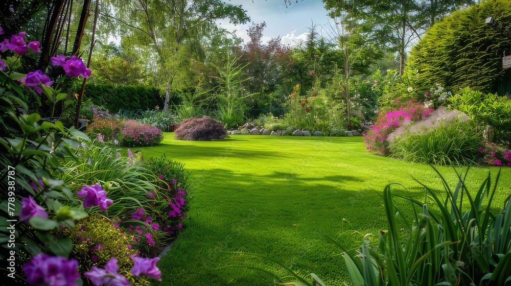 Embracing Spring's Beauty A Stunning Well-Kept Garden with Lush Green Lawn Enhancing the Vibrancy of Blooming Flowers in the Mix Border
